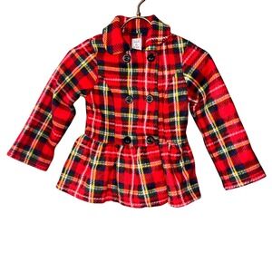 NEW Mack & Co Plaid Peplum Fleece Coat Red Tartan Size 5 Double Breasted Jacket